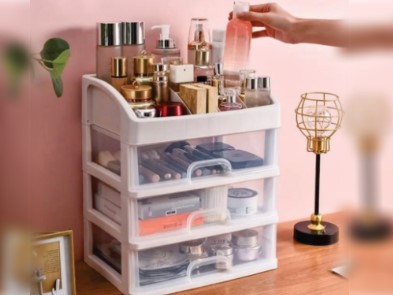 Cosmetic Organizer Tiered Acrylic Stand with Drawers - Transparent Makeup Brush Lipstick Jewelry Holder, Stackable Vanity Storage Box, Anti-Dust Lid Travel Portable, Premium Bathroom Beauty Essential UAE B2B 